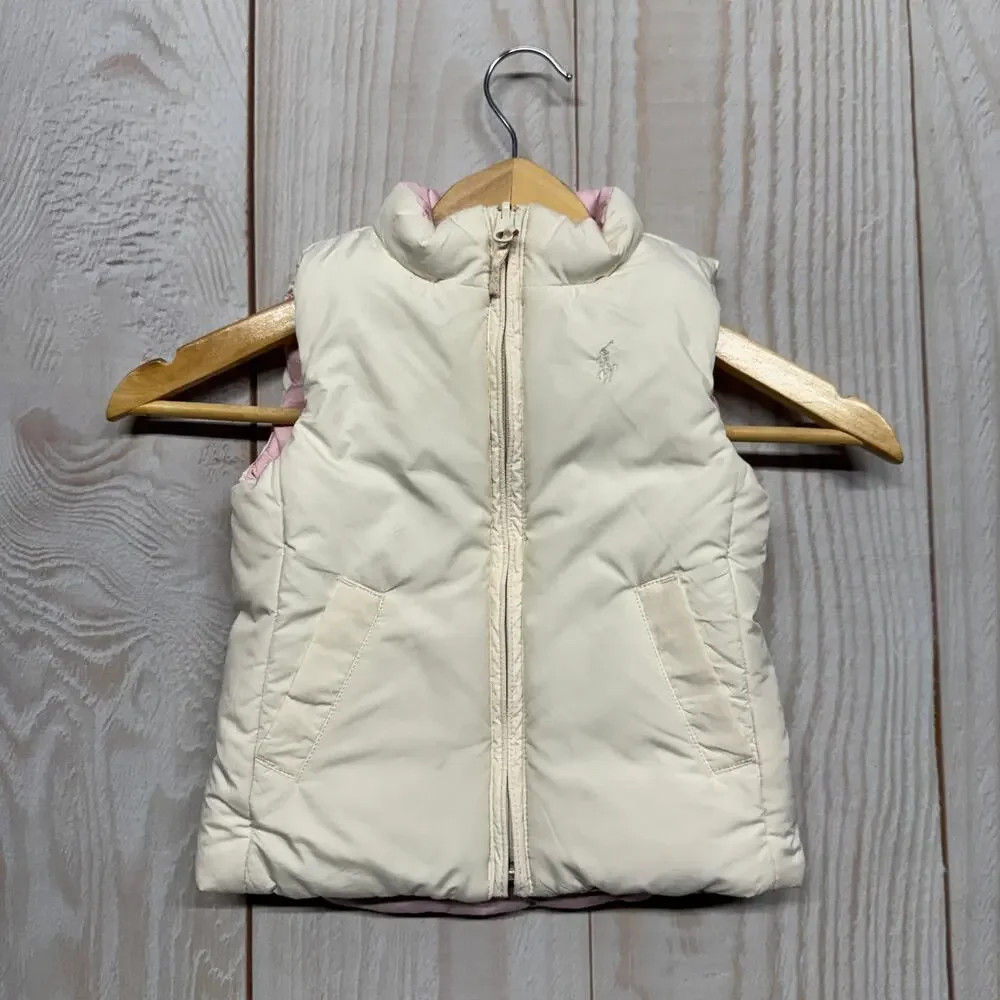 Ralph Lauren Girls Reversible Puffer Toddler 2/2T Duck Down Vest White Pink